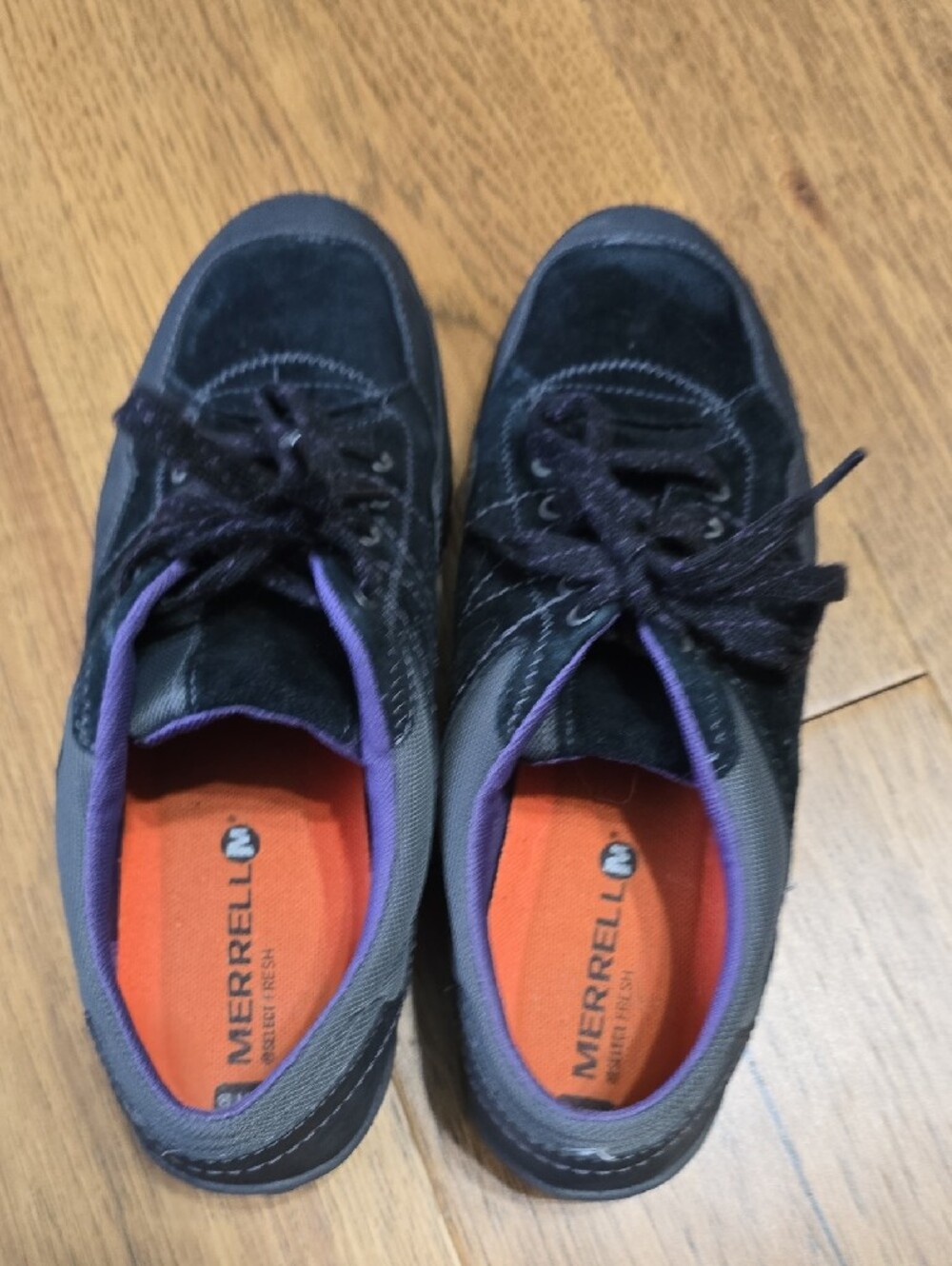 Merrell Women's Black Suede Sneakers with Purple Lining and Orange Insole - Picture 14 of 14